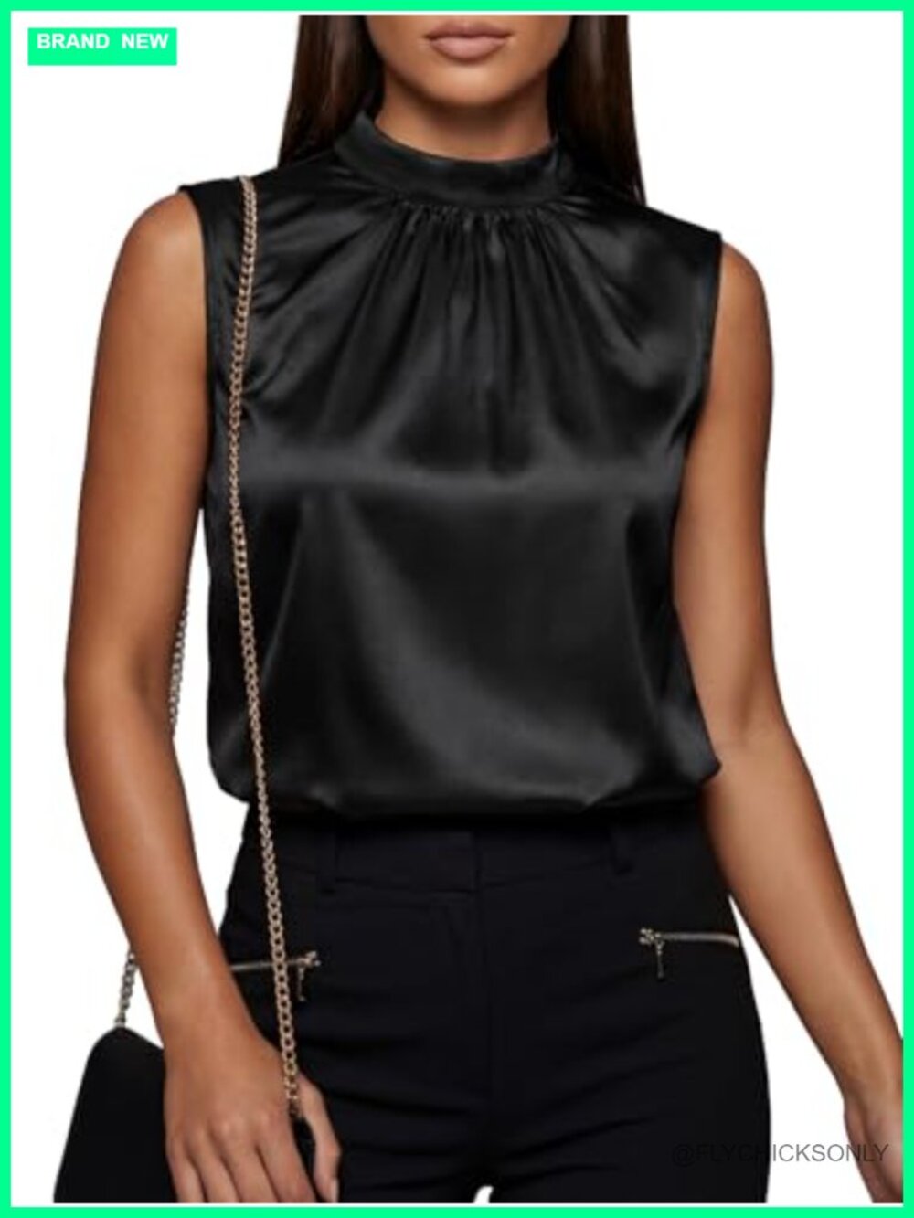 Silky Satin Pleated Mock Neck Sleeveless Tank Top Business Casual